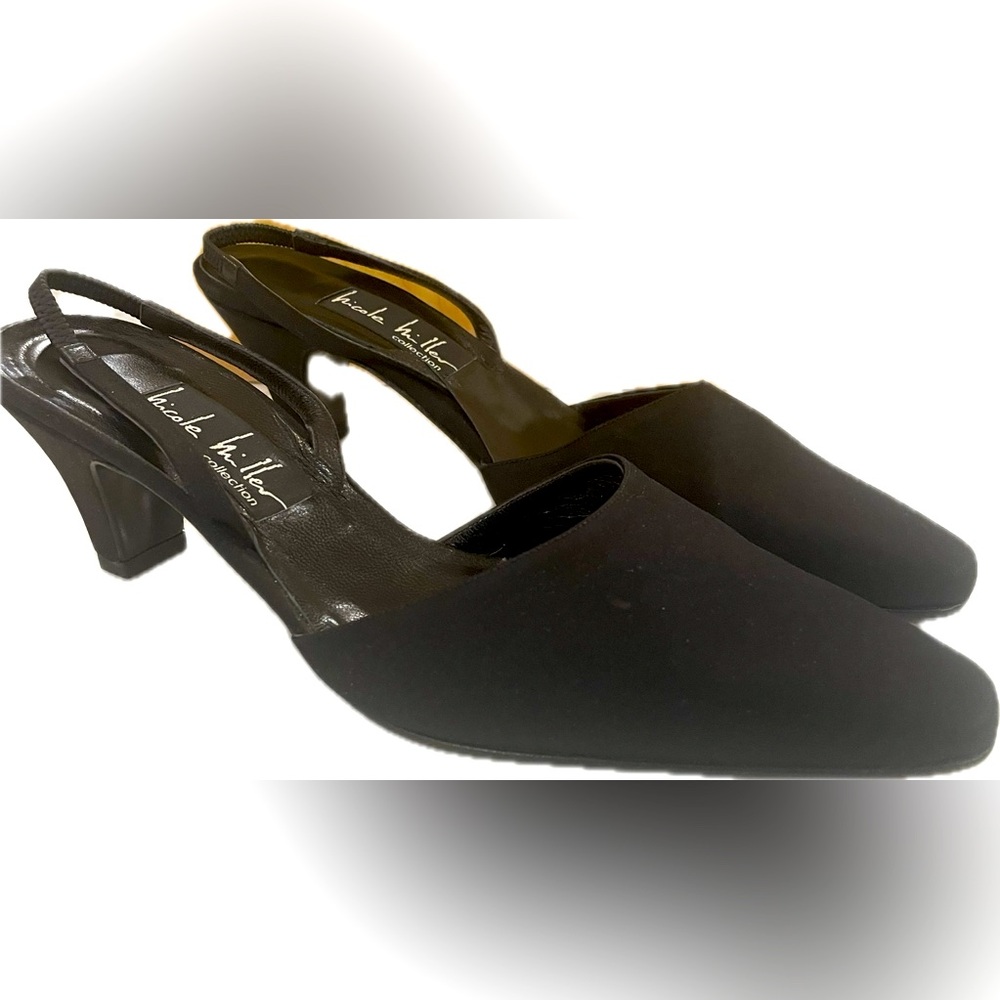 Nicole Miller black Holly satin slingback pointed toe heels pumps 8.5M NIB